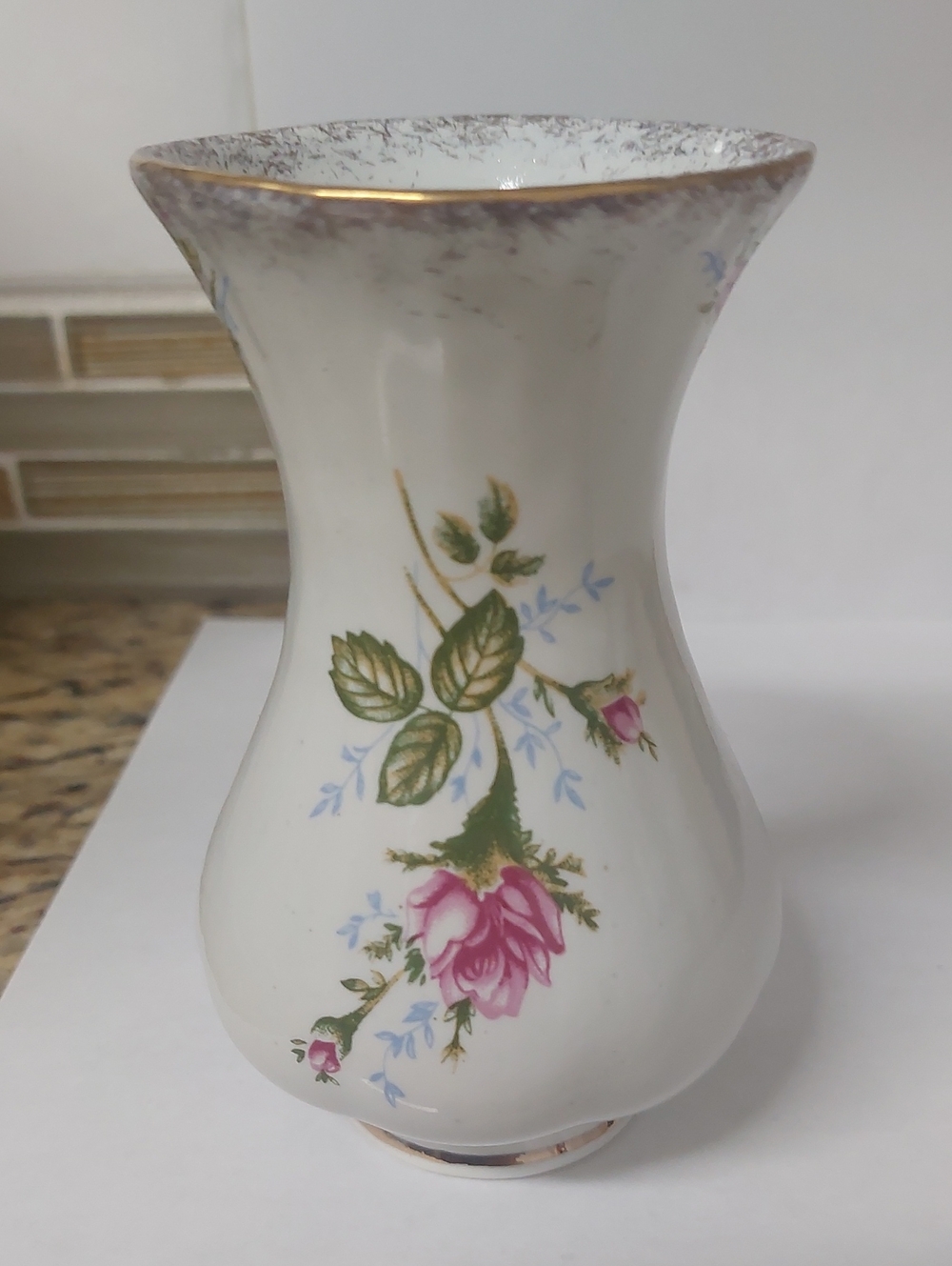 VINTAGE White Porcelain Floral Vase with Pink Rose and Gold Trim